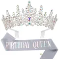 Detailed view of luxury rhinestone tiara and silver glitter Birthday Queen sash set - AB Silver Birthday Queen Set
