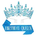 Blue rhinestone birthday tiara crown with glittery Birthday Queen sash set - Blue Birthday Queen Set