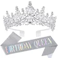 Detail view of sparkling silver rhinestone tiara and Birthday Queen glitter sash set - Silver Birthday Queen Set