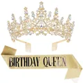 Close-up detail of luxury gold rhinestone crown with gold glitter BIRTHDAY QUEEN sash - Gold Birthday Queen Set