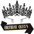 Elegant black crystal rhinestone crown paired with a gold Birthday Queen sash set - Black Birthday Queen Set