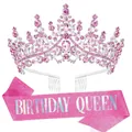 Elegant pink rhinestone tiara crown and pink glitter sash set with Birthday Queen text - Pink Birthday Queen Set