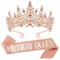 Elegant rose gold rhinestone birthday crown and pink glitter sash with Birthday Queen. - Rose Gold Birthday Queen Set