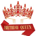 Elegant red rhinestone birthday tiara crown with matching Birthday Queen sash set - Red Birthday Queen Set