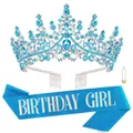 Elegant blue rhinestone birthday tiara crown with matching blue birthday girl sash - Blue Girl Style