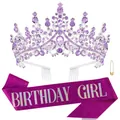Sparkling purple rhinestone crown and glittery Birthday Girl sash set for parties - Purple Birthday Girl Set