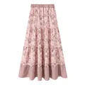 Elegante gonna lunga a balze rosa con stampa floreale da donna stile vintage boho - XS / Rosa albicocca