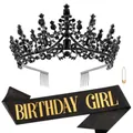 Detailed view of the black rhinestone tiara and gold Birthday Girl sash set - Black Birthday Girl Set