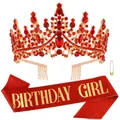 Elegant red rhinestone birthday crown and glittery sash set for girls party celebration - Red Birthday Girl Set