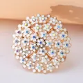 Elegant white floral scarf buckle with iridescent rhinestones and gold finish - White Enamel Flower Plate (DY0013)