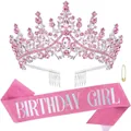 Pink rhinestone birthday crown and glittery birthday girl sash set with gold safety pin - Pink Girl Style