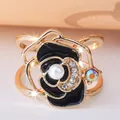 Elegant black enamel rose scarf ring with pearl and crystal details in gold finish - Black Camellia (DY0010 Black)