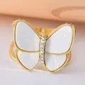 Elegant butterfly scarf buckle featuring white shell wings and sparkling gold rhinestones - Golden Shell Butterfly (DY0007)