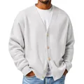 Close-up detail of a men's casual light gray waffle knit cardigan sweater with buttons. - S / Light Gray