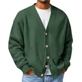 Close-up of men's dark green waffle knit cardigan with button-up V-neck detail - S / Dark Green