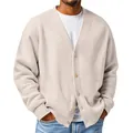 Detail view of men's beige waffle knit cardigan showing button closure and texture - S / Beige
