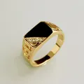Classic gold-plated men's square signet ring with black enamel inlay and clear rhinestones - US 6 / Gold