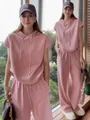 Completo sportivo casual rosa da donna due pezzi con felpa con cappuccio e pantaloni larghi - 3XL / Top E Pantaloni / Rosa