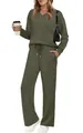 Set 2 pezzi da donna verde oliva con top a maniche lunghe scollo a V e pantaloni larghi. - S / Verde Militare
