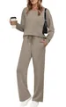 Comfortable women's v-neck long sleeve top and drawstring wide-leg pants set in taupe color. - S / Light Khaki