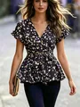 Stylish women's V-neck floral print top with ruffle sleeves and tie-waist belt - S / Navy Blue