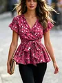 Elegant women's V-neck floral print top with ruffle sleeves and waist tie belt - S / Rose Red