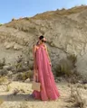 Elegant pink tiered sleeveless maxi dress featuring textured floral patchwork and V-neck - Rose Red