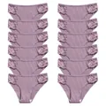 Set of 12 purple cotton ribbed women's briefs featuring delicate lace trim detailing. - S / Purple