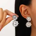 Vintage silver sunflower double drop earrings for a minimalist and elegant fashion look - Double Layer Sunflower Style (11913) / 18 White K