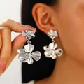 Elegant silver flower drop earrings for women featuring a minimalist polished floral design - 3D Petal Style (N-1013) / 27 White K