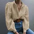 Elegante blusa beige calada con mangas abullonadas para mujer, ajuste casual holgado - L / Albaricoque
