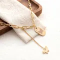 Gold plated titanium steel chain necklace with engraved butterfly tag and charm - Butterfly Tag Necklace (2389 Gold) / Approx. 50cm Long / Gold