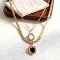 Double-layered 18K gold plated titanium steel necklace with black and white pendants - Black & White Round Pendant Double-Layer Style (2391 Gold Double-Layer) / Gold