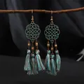 Bohemian bronze filigree earrings with teal and brown long tassels. - Boho Long Tassel Cyan Green Style (E6235-6)