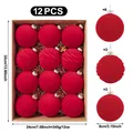 Set of 12 red flocked Christmas ball ornaments 8cm with various textures in a gift box - 8cm/12Pcs / Red