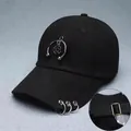 Black cotton baseball cap featuring three silver brim rings and a star pendant detail - [semi-circular Pentagram] Black