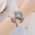 Elegant silver rhinestone quartz watch set with matching bracelet for women. - Rhinestone Watch + Single Diamond Bracelet / Silver