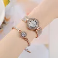 Elegant rose gold rhinestone women's watch and bracelet set with Roman numerals - Rhinestone Watch + Single Diamond Bracelet / Rose Gold