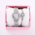 Elegant silver rhinestone women's quartz watch and bracelet set with Roman numerals - Full Rhinestone Watch Set (With Single Diamond Bracelet + Box) / Silver