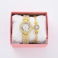 Elegant gold watch and bracelet set decorated with shiny rhinestones and Roman numerals - Full Rhinestone Watch Set (With Single Diamond Bracelet + Box) / Gold