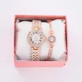 Rose gold Roman numeral quartz watch and full crystal bracelet set in elegant pink gift box - Full Rhinestone Watch Set (With Single Diamond Bracelet + Box) / Rose Gold