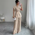 Elegantes beiges Set aus Kurzarmhemd und Hose mit weitem Bein aus Crinkle-Stoff - L / Aprikose