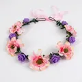 Bohemian floral headband featuring pink and purple flowers with adjustable ribbon tie - Pink Purple