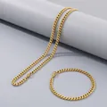 Classic gold-plated stainless steel Cuban link necklace and bracelet jewelry set - 5mm Wide (Bracelet 20cm) / Gold