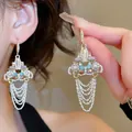 Elegant French vintage tassel earrings with crystals and pearls in gold finish. - 32# Ear Hook - Gold - White