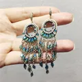 Detailed view of bohemian geometric tassel earrings with iridescent teardrop beads - 50# Ear Hook / Gold-Multicolor