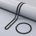 Minimalist black stainless steel Cuban link chain necklace and bracelet jewelry set for men - 5mm Wide (Bracelet 20cm) / Black
