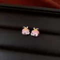Close-up detail view of vintage style pink fruit earrings with sparkling zircon inlay decoration - Stud Earrings / Silver-Pink