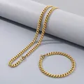 Gold-plated stainless steel Cuban link necklace and bracelet set in hip hop style - 6mm Width (20cm Bracelet) / Gold