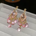 French vintage pink crystal tassel drop earrings with sparkling rhinestone details - 15# Stud Earrings - Gold - Pink